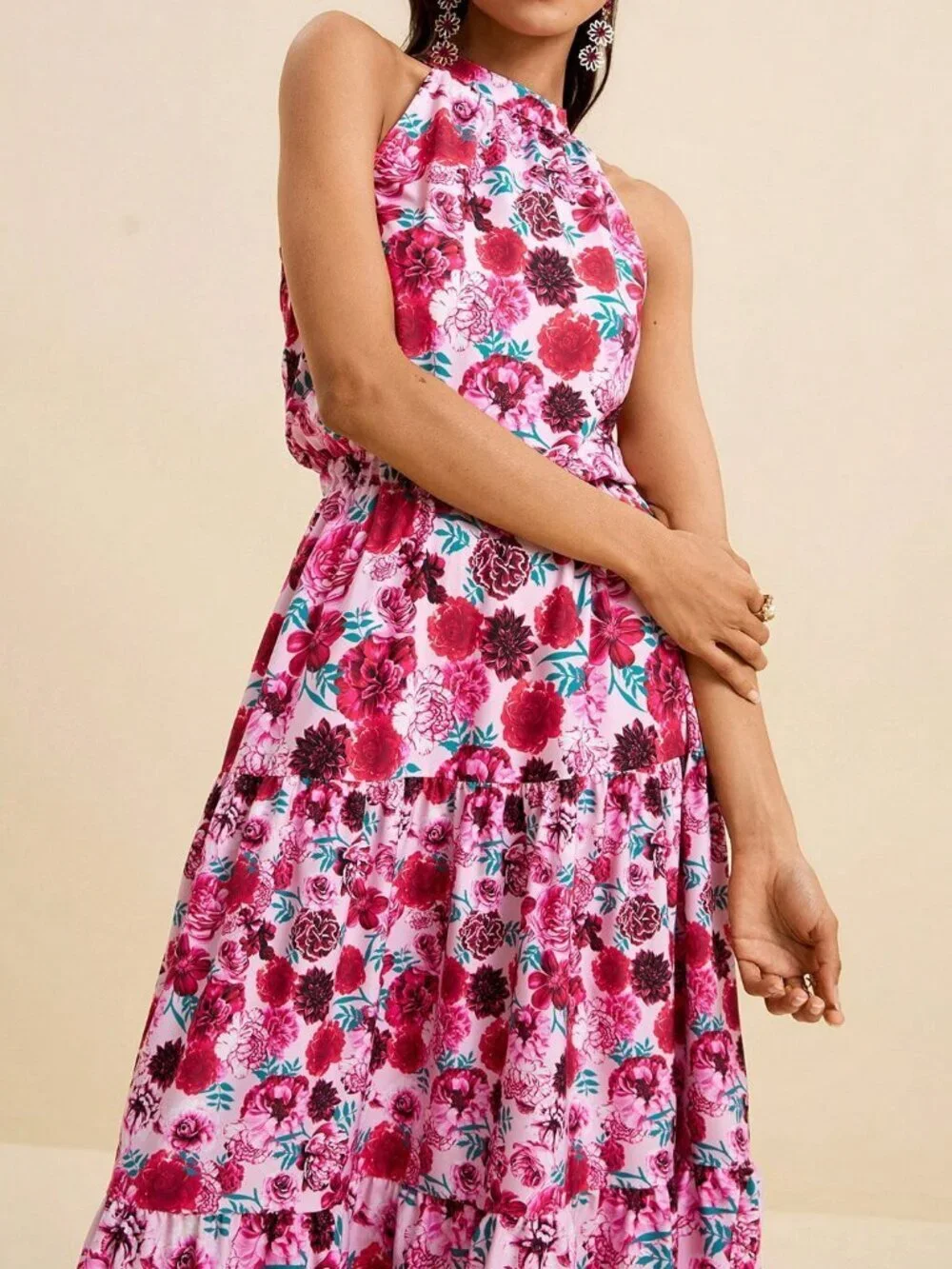 Multicolor Boho Women's Sleeveless Ditsy Floral Waist Cinched Dress